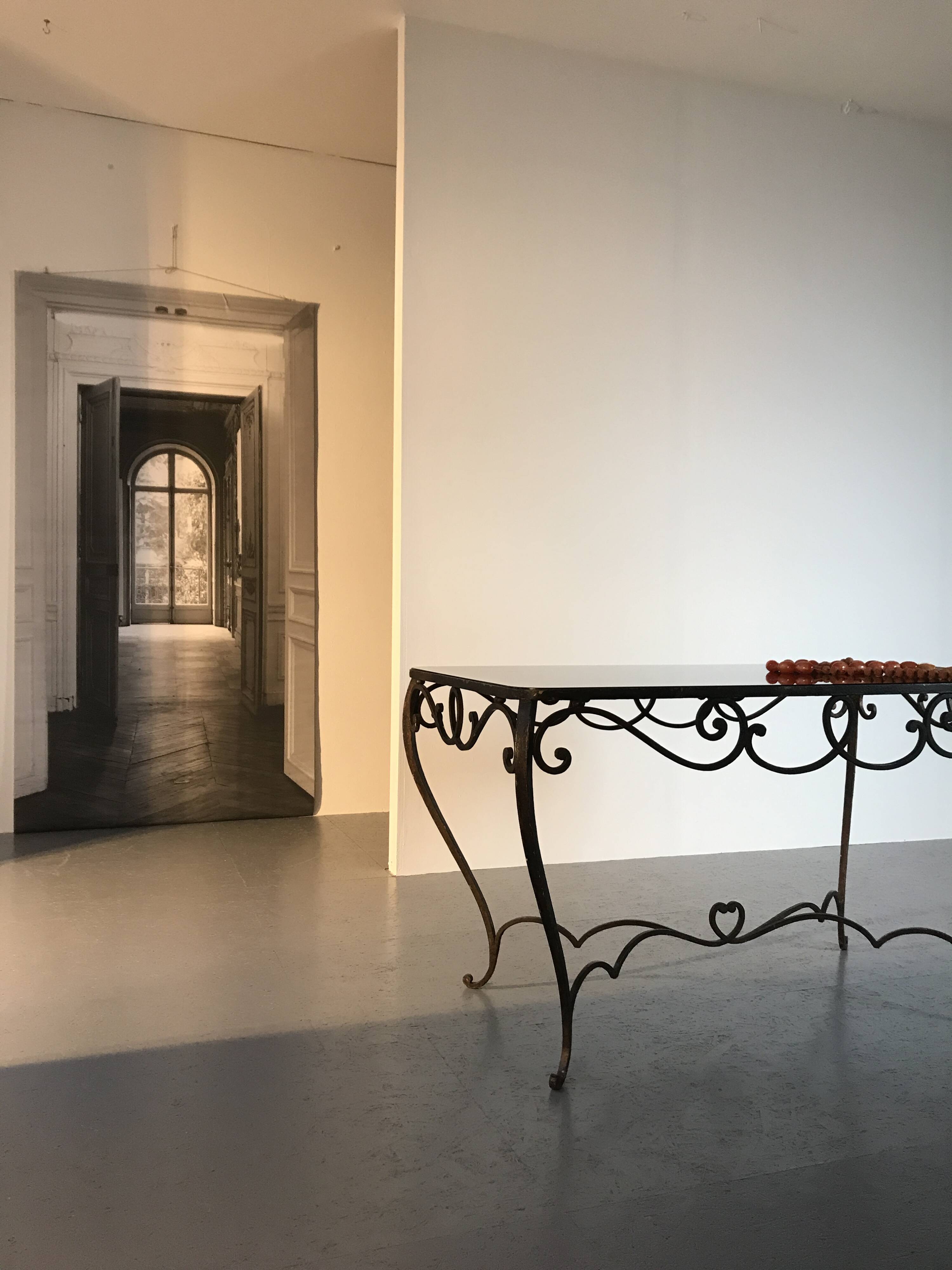 French Art Deco Wrought Iron Dining Table with Black Colored Glass, 1930s