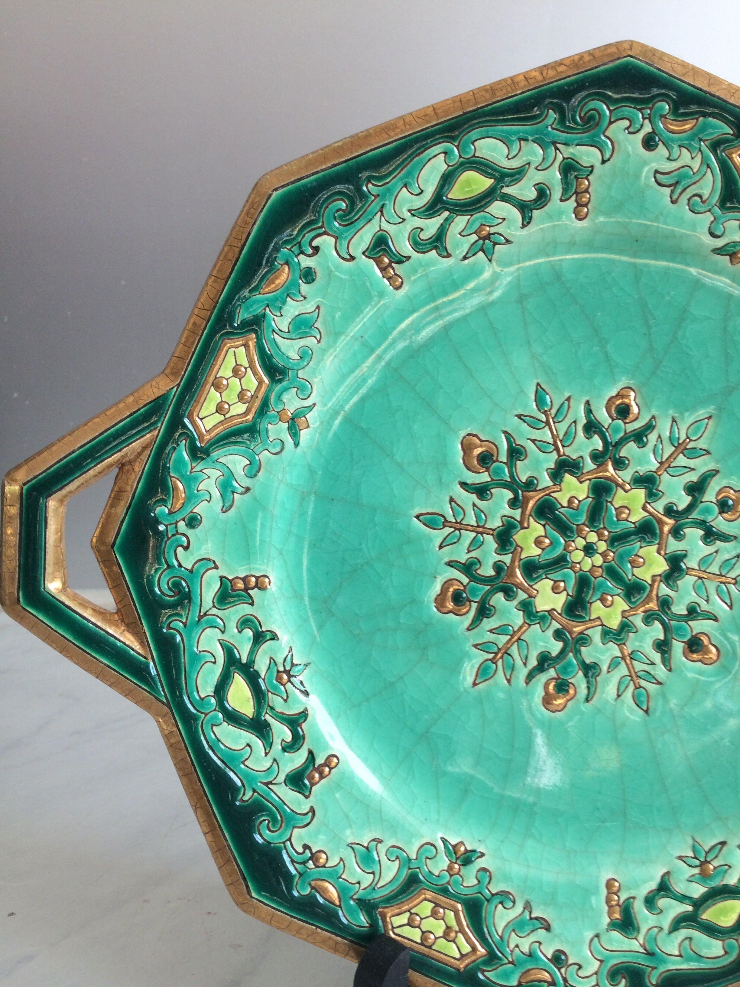 Longwy Chinoisant dish/Art Deco/Emerald green enamels/M.P Chevallier/XXth