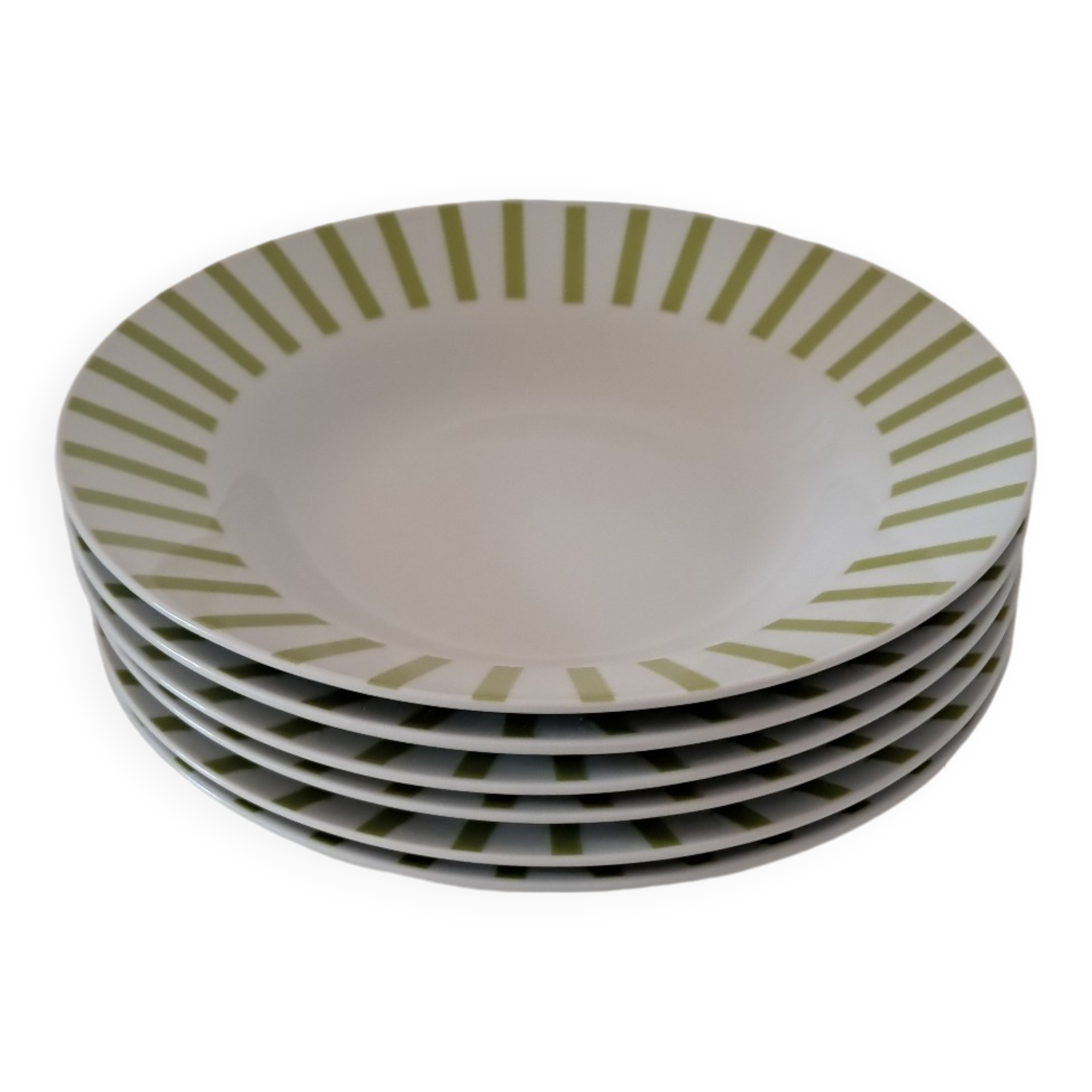 Almond green striped soup plates