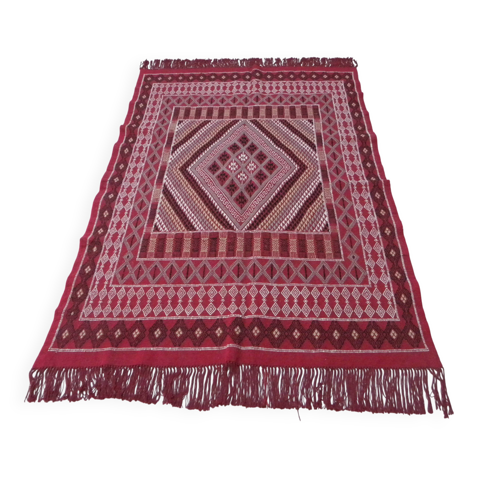 Hand-knotted Red Tunisian Ethnic Berber Wool Rug Margoum