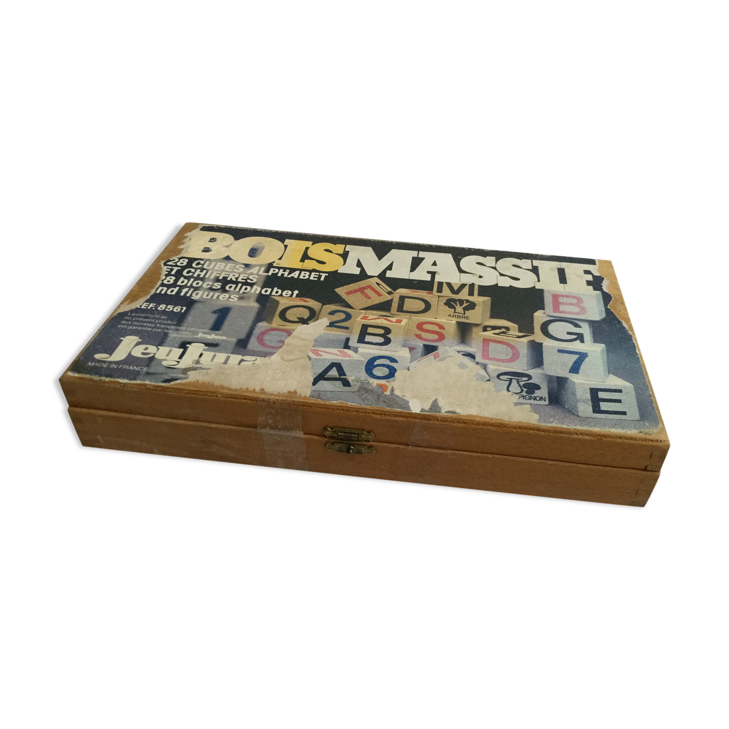 Ancient wooden toy cubes alphabet, figures and pictures