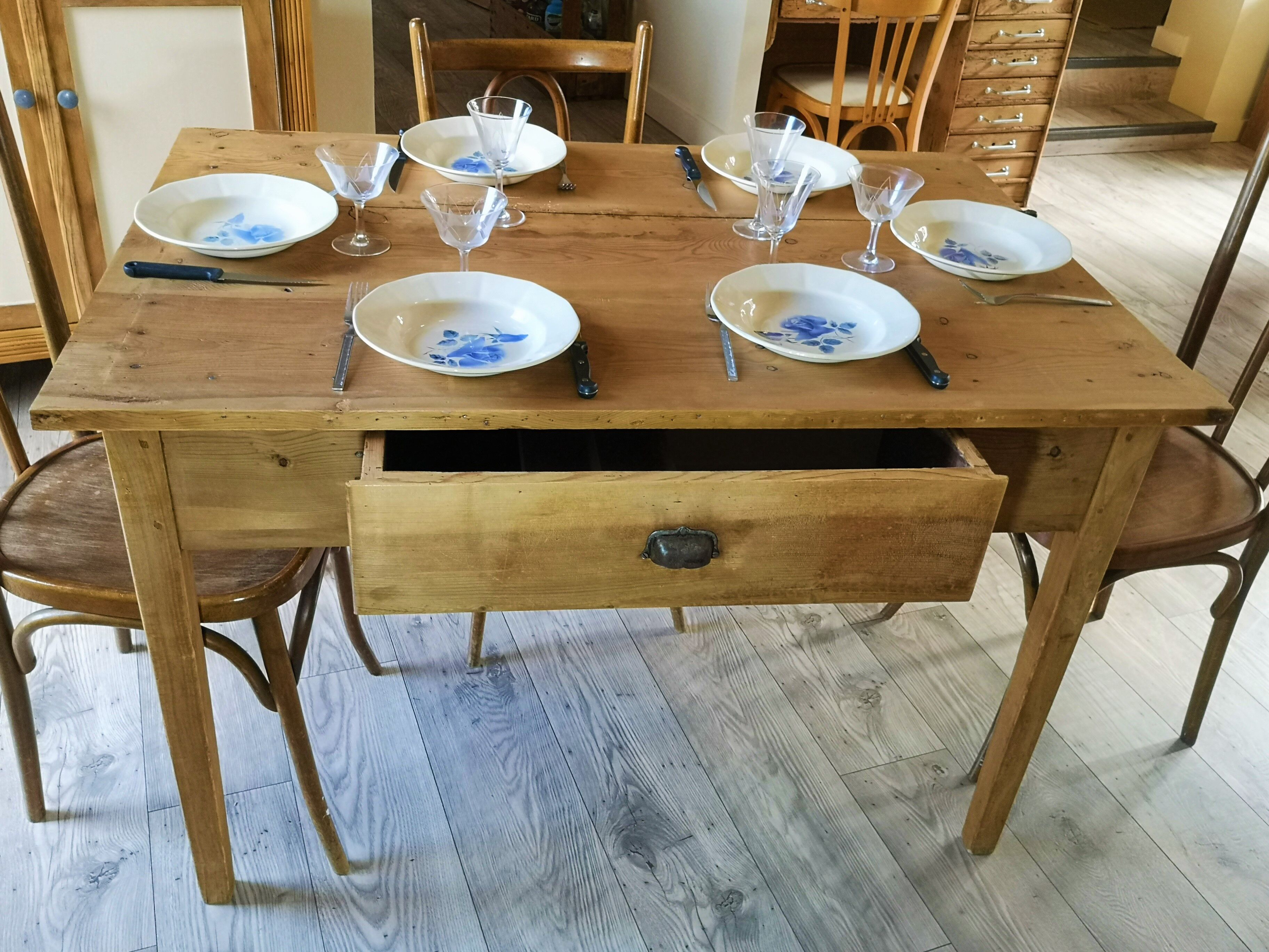Farm table set 4/6 people and three bistro chairs