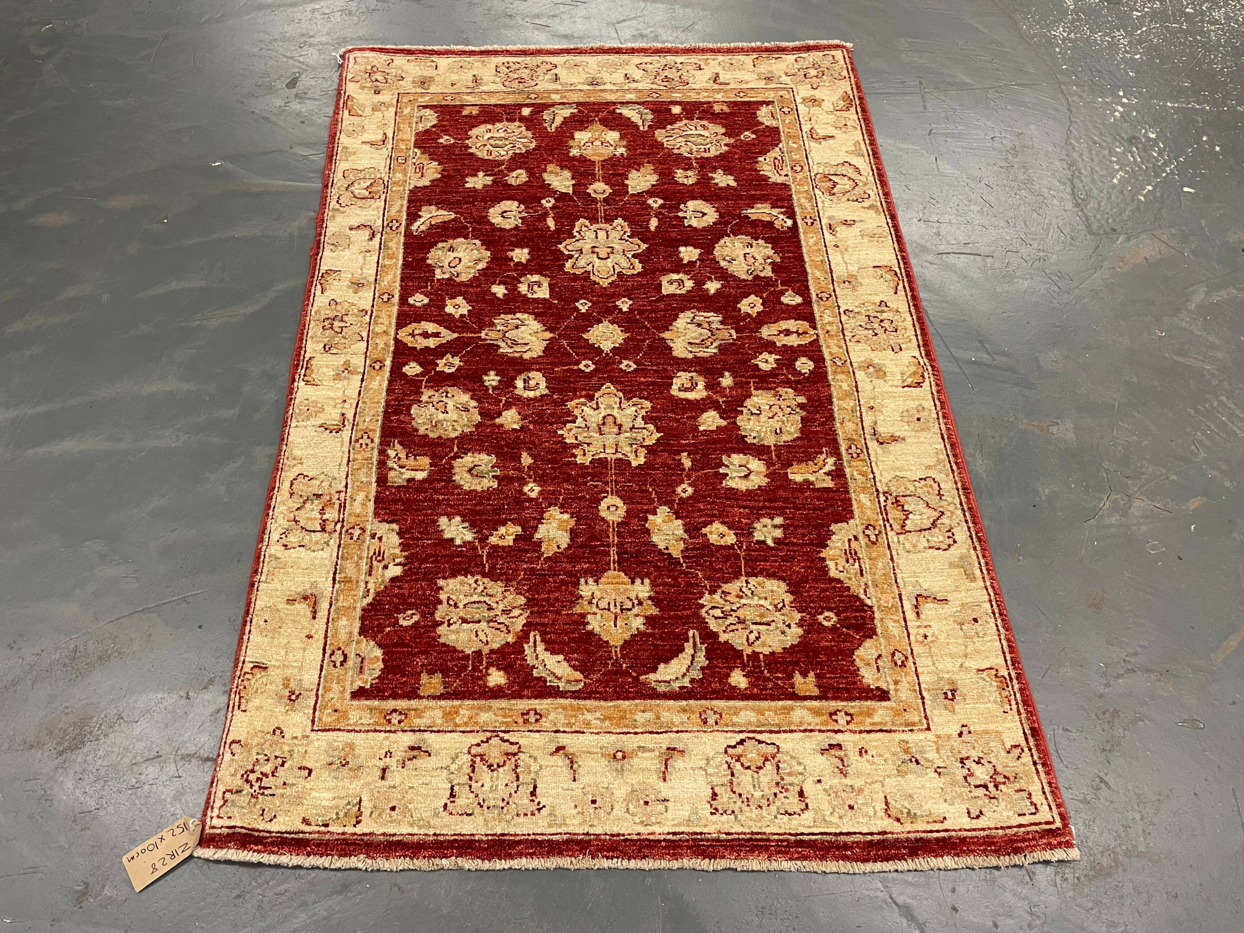 Handmade Wool Red Rug, Floral Oriental Carpet for Living Room 152x100cm
