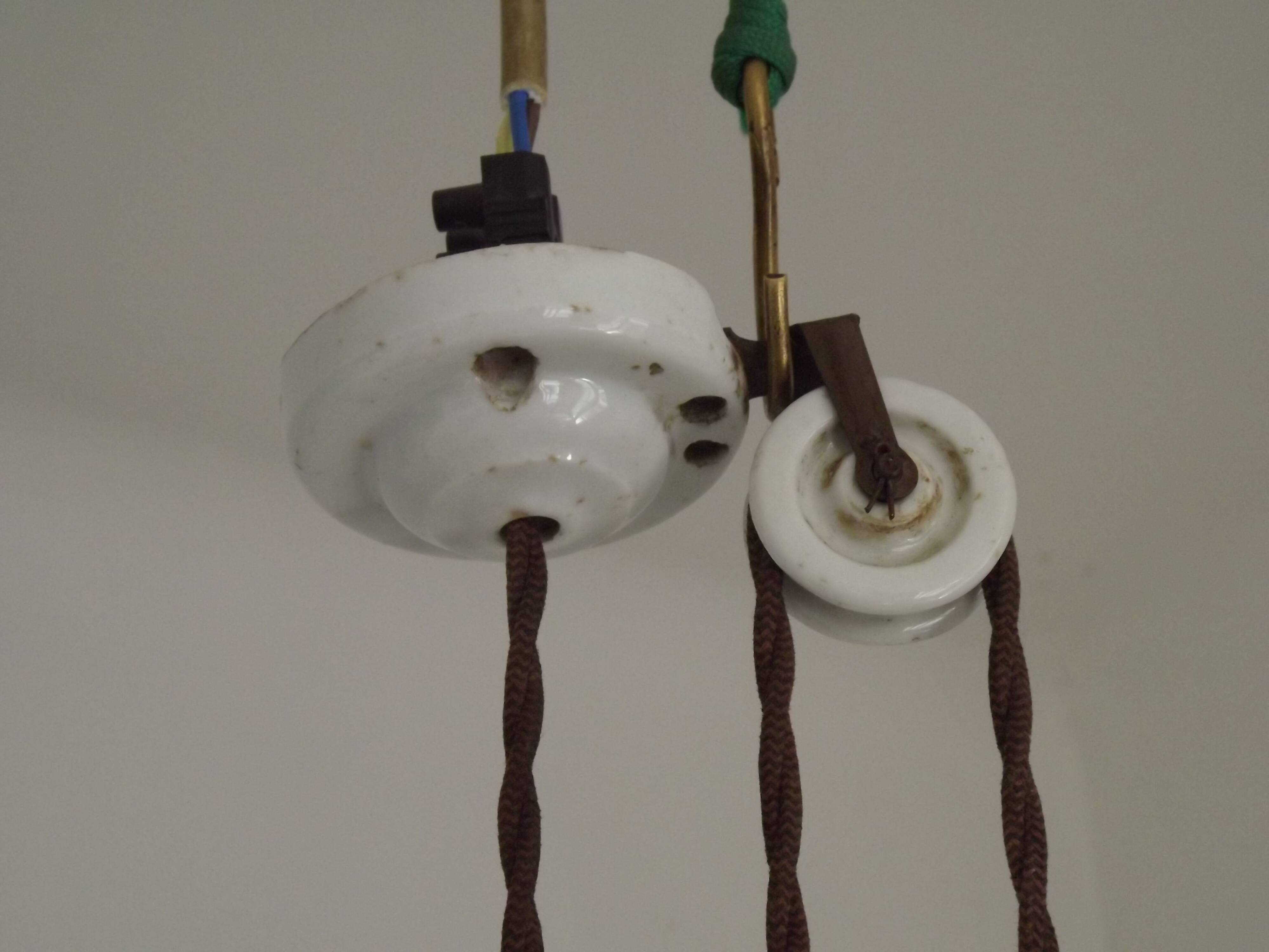 Vintage French Rise & Fall Counterbalance Ceiling Light Opaline Glass Shade