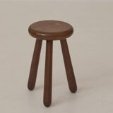 Vintage French tripod brutalist stool in solid wood (oak) C. 1960