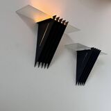 Pair of vintage wall lights, black lacquered metal and glass, SCE France 1980