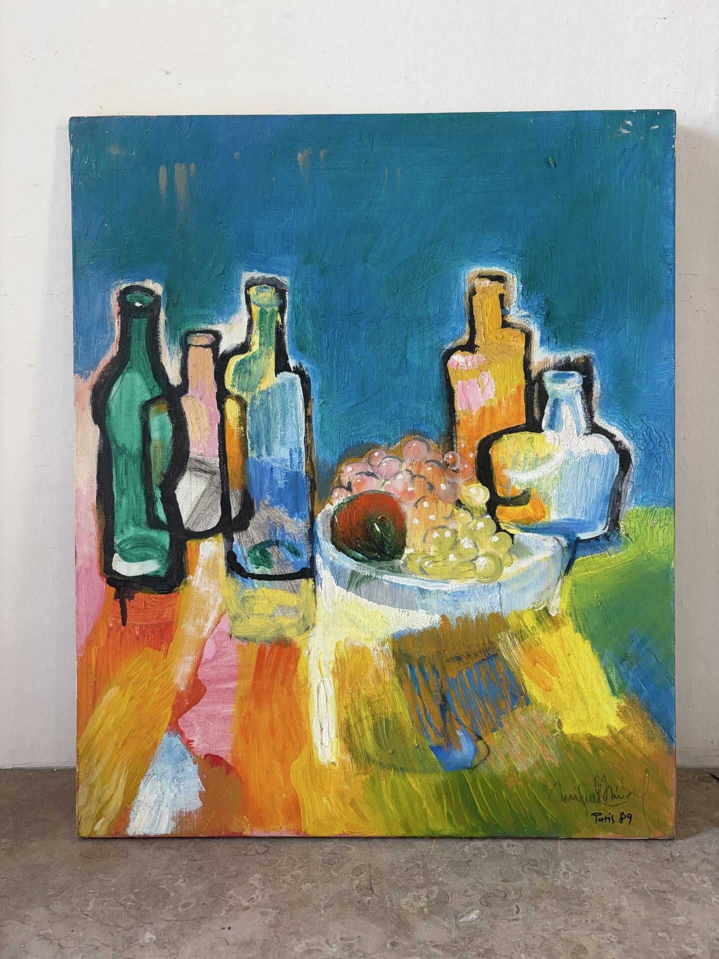 Still life with bottles, oil on canvas signed Miguel Anibal 1989