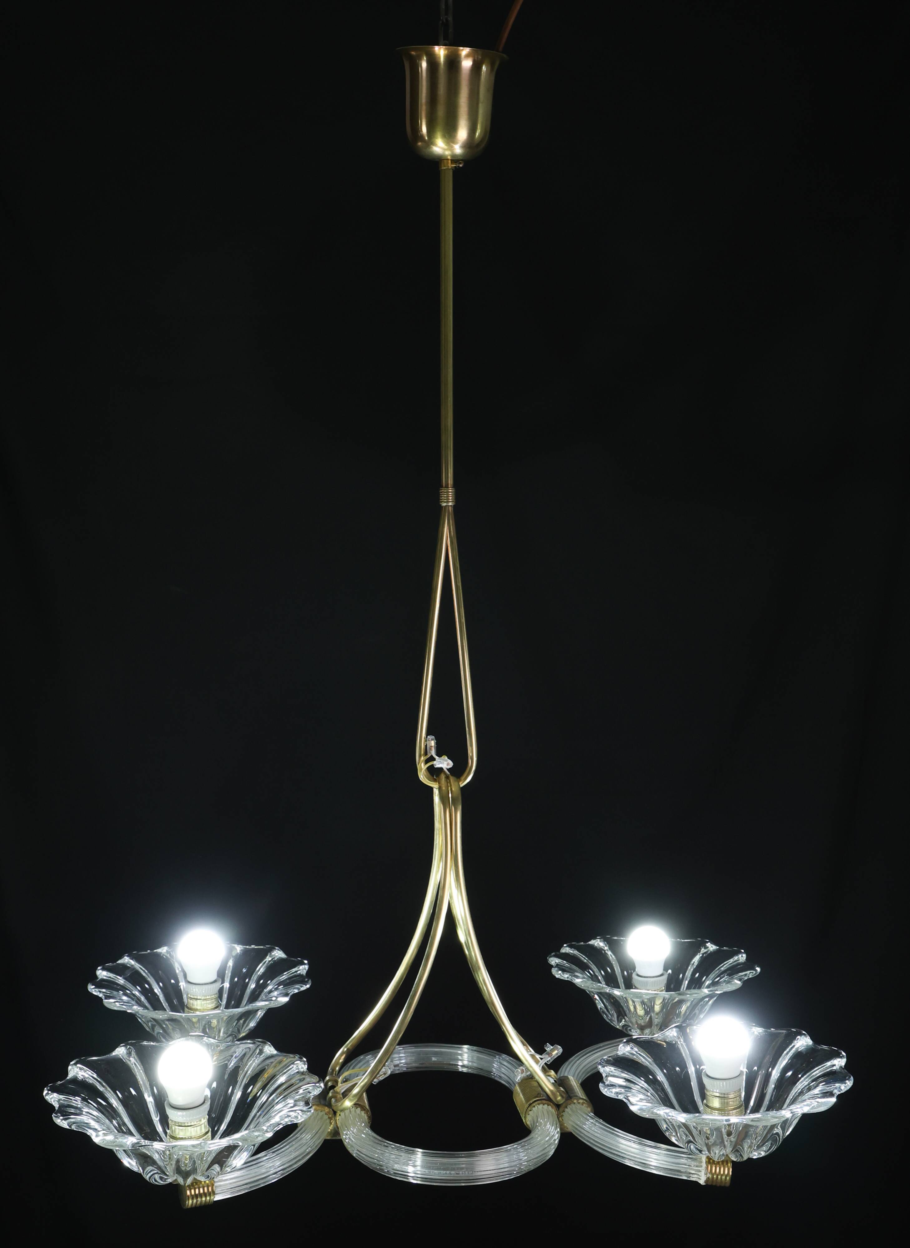 Extraordinary Art Deco Murano Glass and Bronze Chandelier by Barovier&Toso, 1950