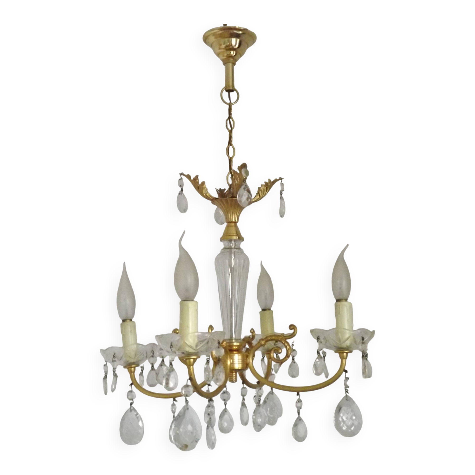 Mid-century brass, glass, and crystal chandelier with 4 lights 5099