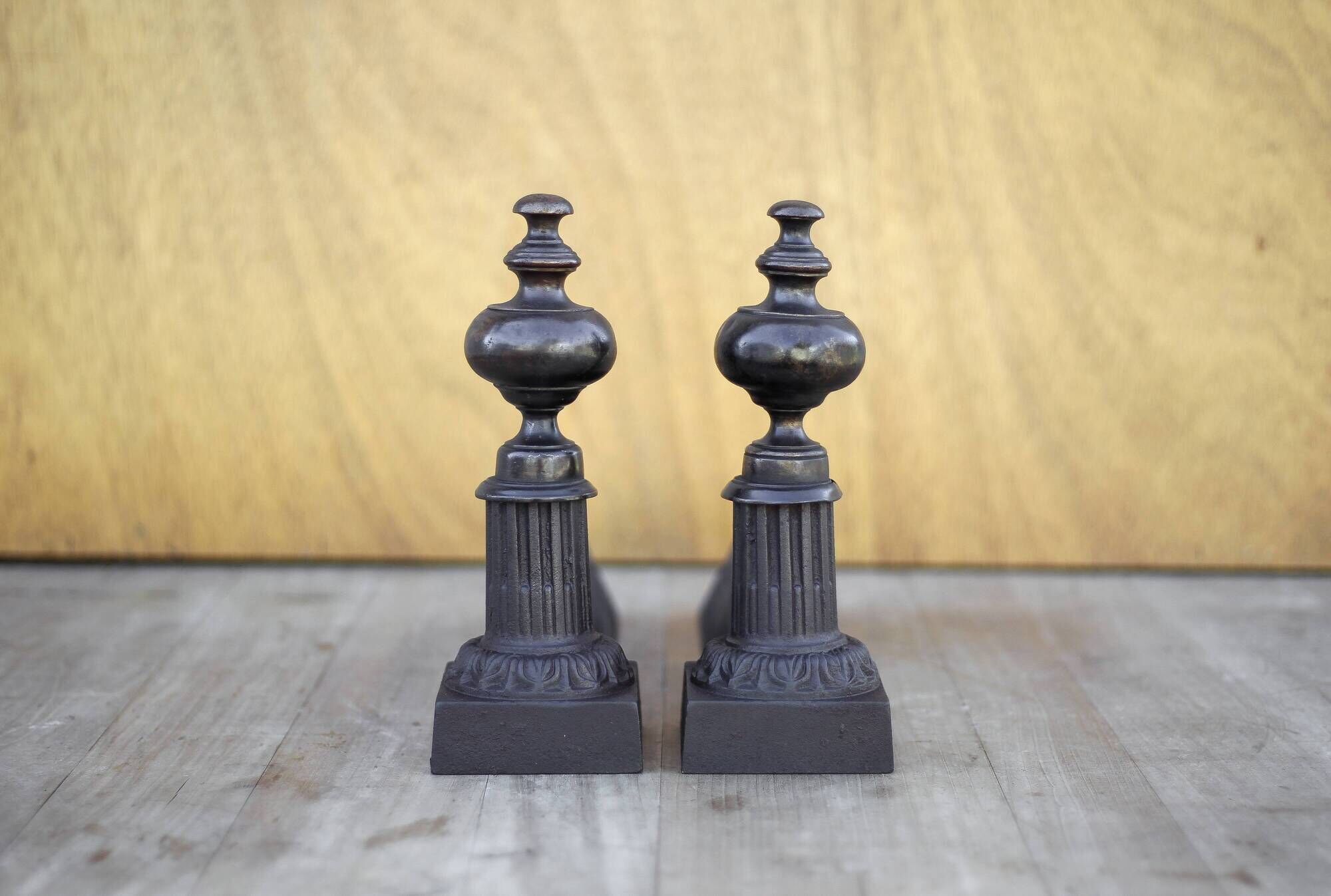 Vintage andirons, pair of andirons, fireplace accessory, brass and cast iron andirons