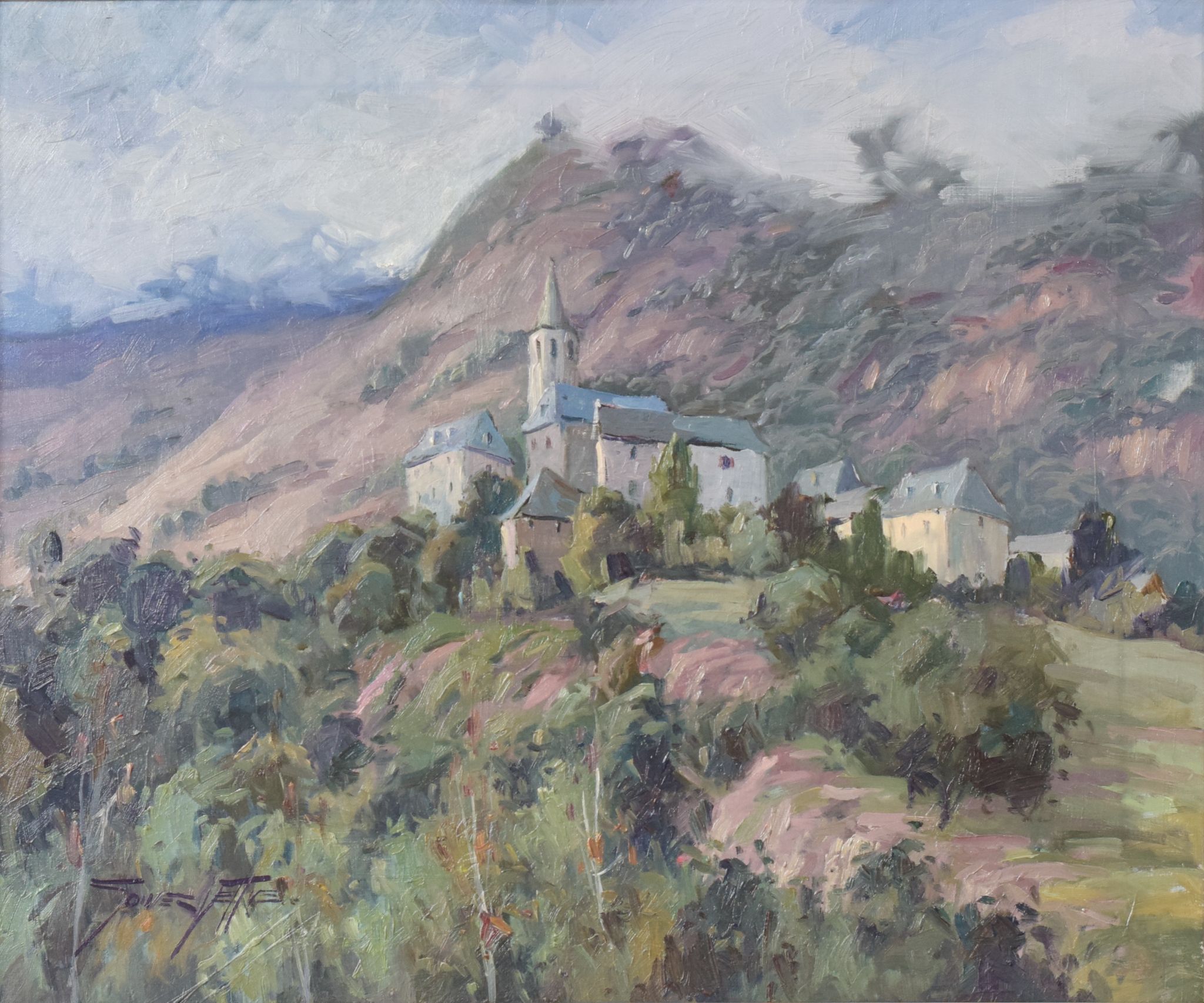 Village post-impressionniste et montagnes, Vicente Gomez Fuste