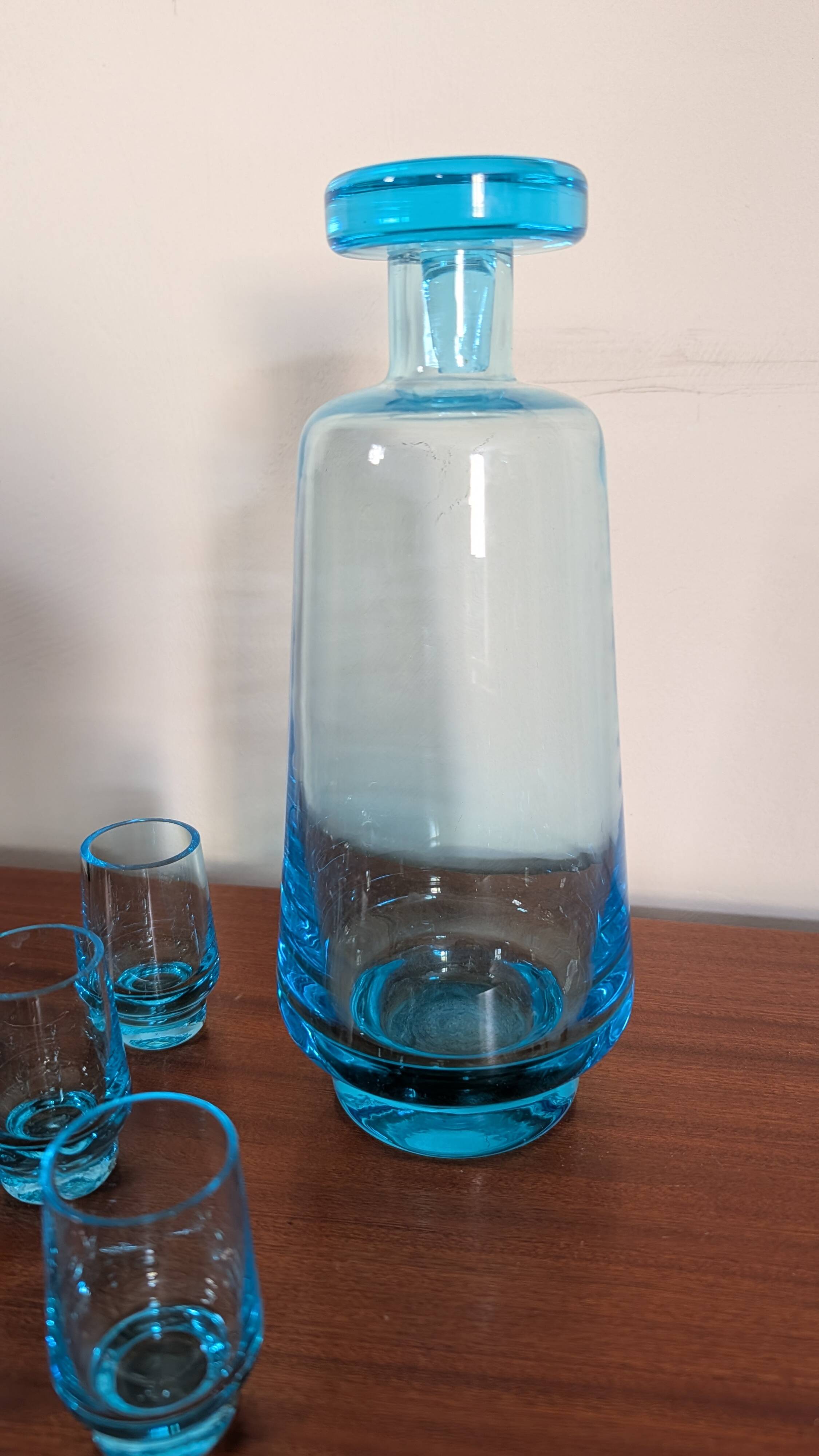 Smoky blue glass liqueur set from the 70s.