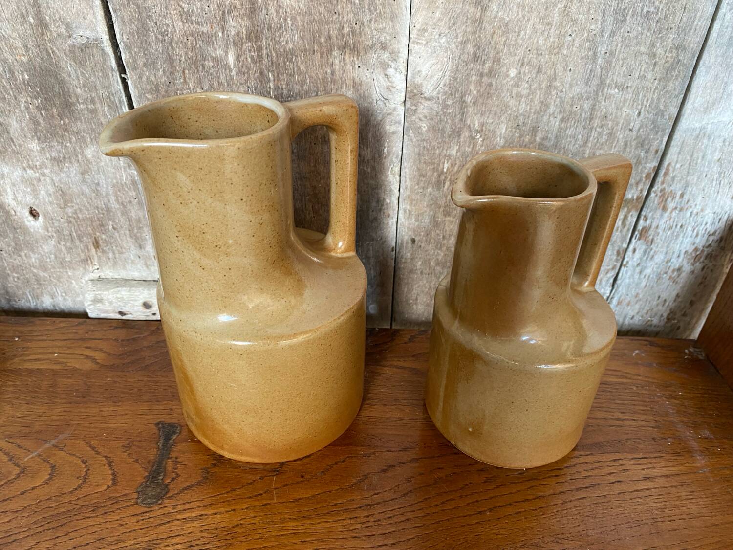 Pair of antique brenne pitchers in beige french stoneware vintage