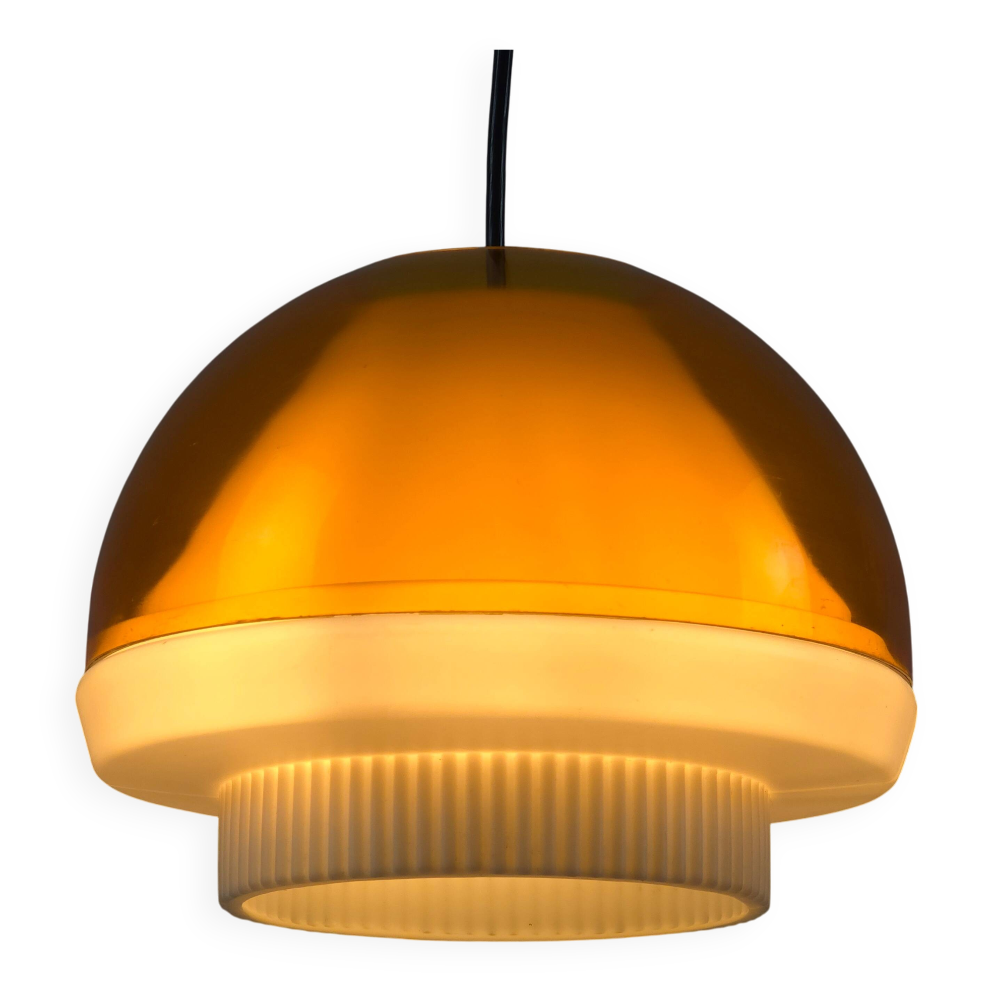 Vintage 1970s Philips Amber Acrylic & White Dome Mushroom UFO Pendant Lamp