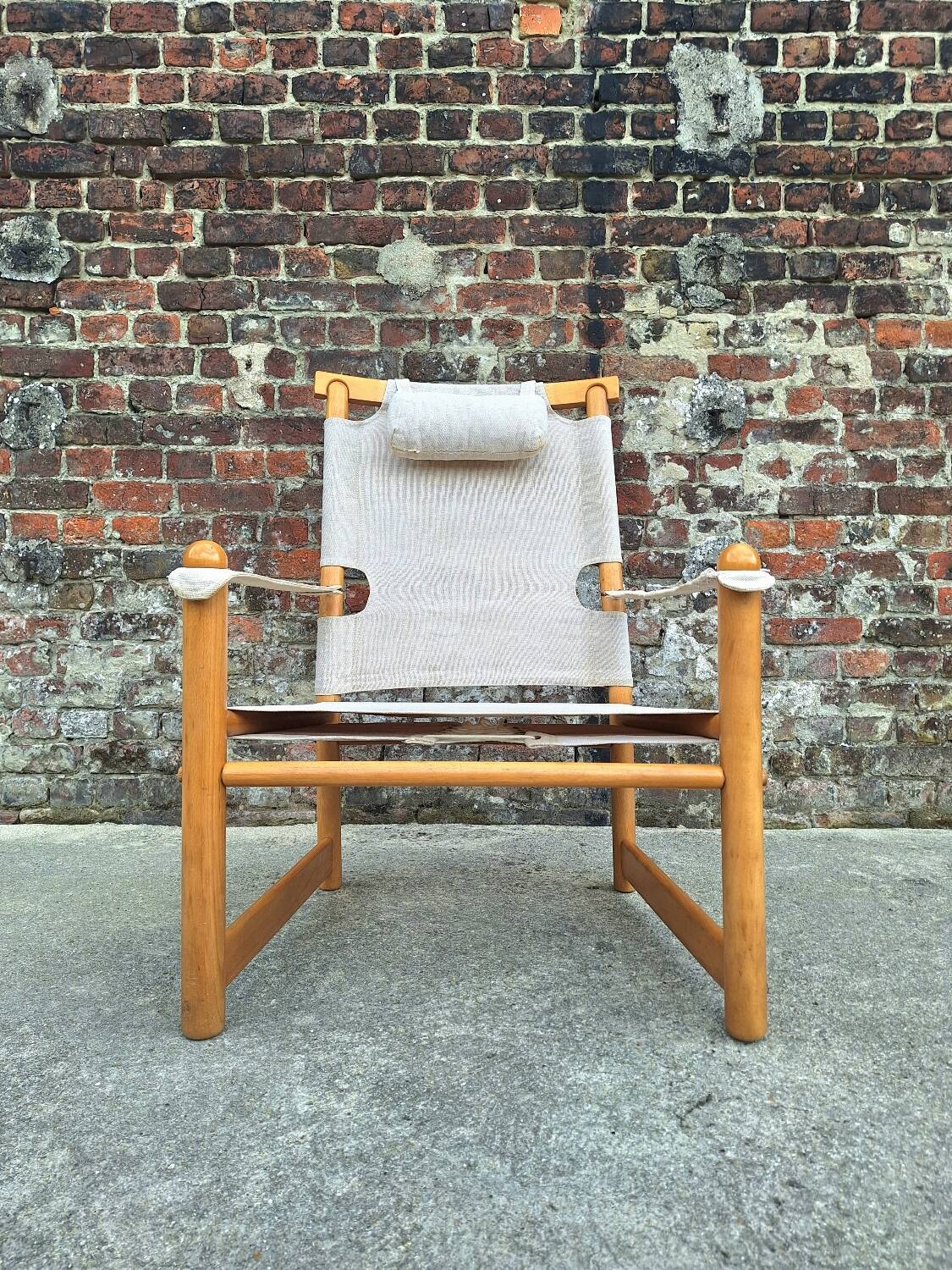 Vintage safari armchair, antique elm and linen seat furniture