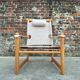 Fauteuil safari vintage, meuble siège ancien orme et lin