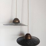 Pair of vintage enamelled sheet metal industrial pendant lights