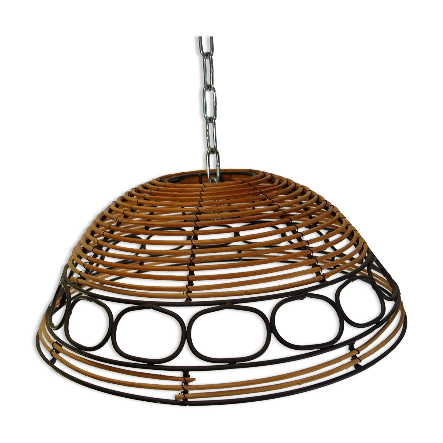 Rattan and wrought iron hanging lamp