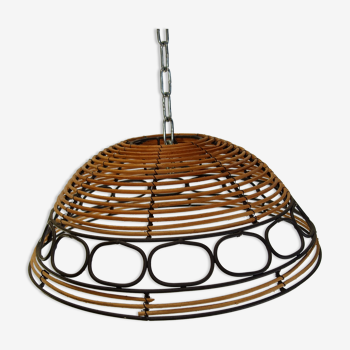 Rattan and wrought iron hanging lamp