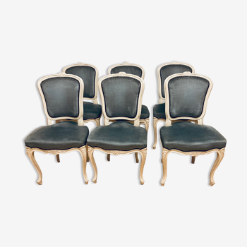 6 Louis XV style medallion chairs lacquered with ivory and blue velvet