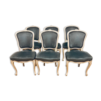6 Louis XV style medallion chairs lacquered with ivory and blue velvet