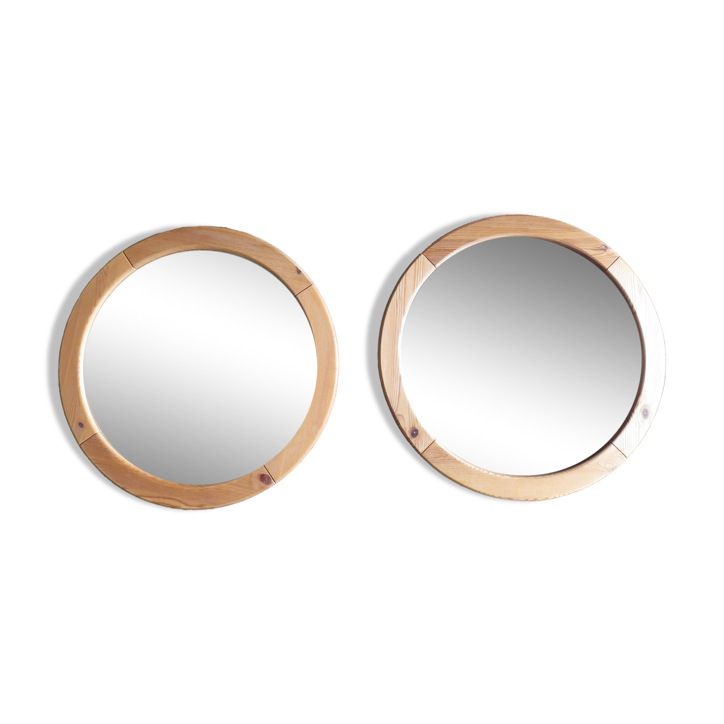Pair of round Scandinavian pine mirrors from the 70s