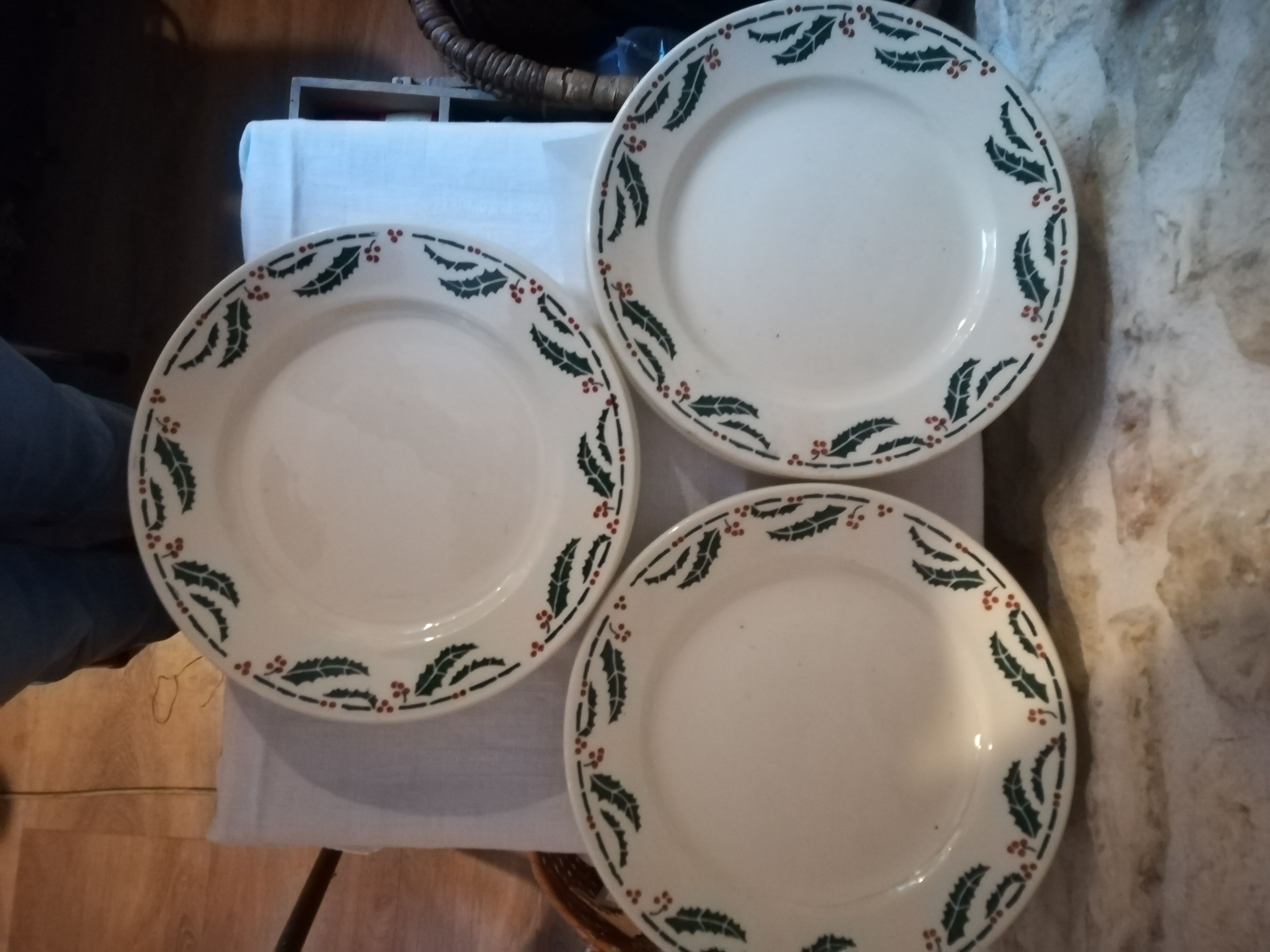Six flat earthenware plates decorated with holly