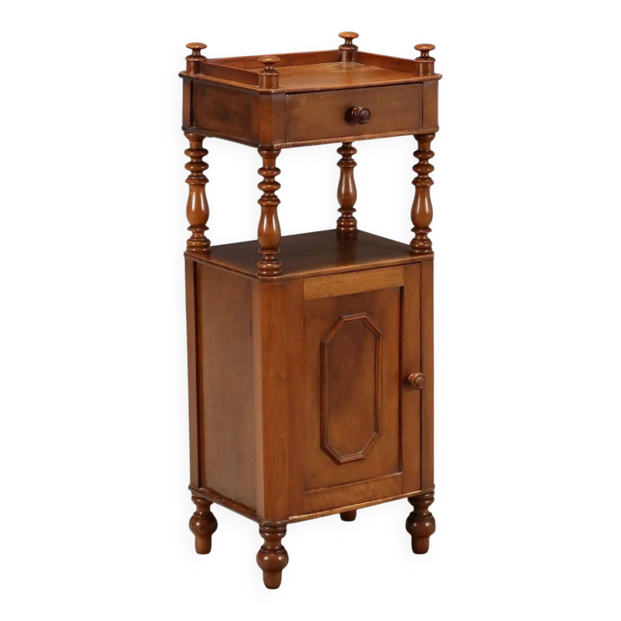 Antique walnut bedside table with drawer, Italy, 19th century.