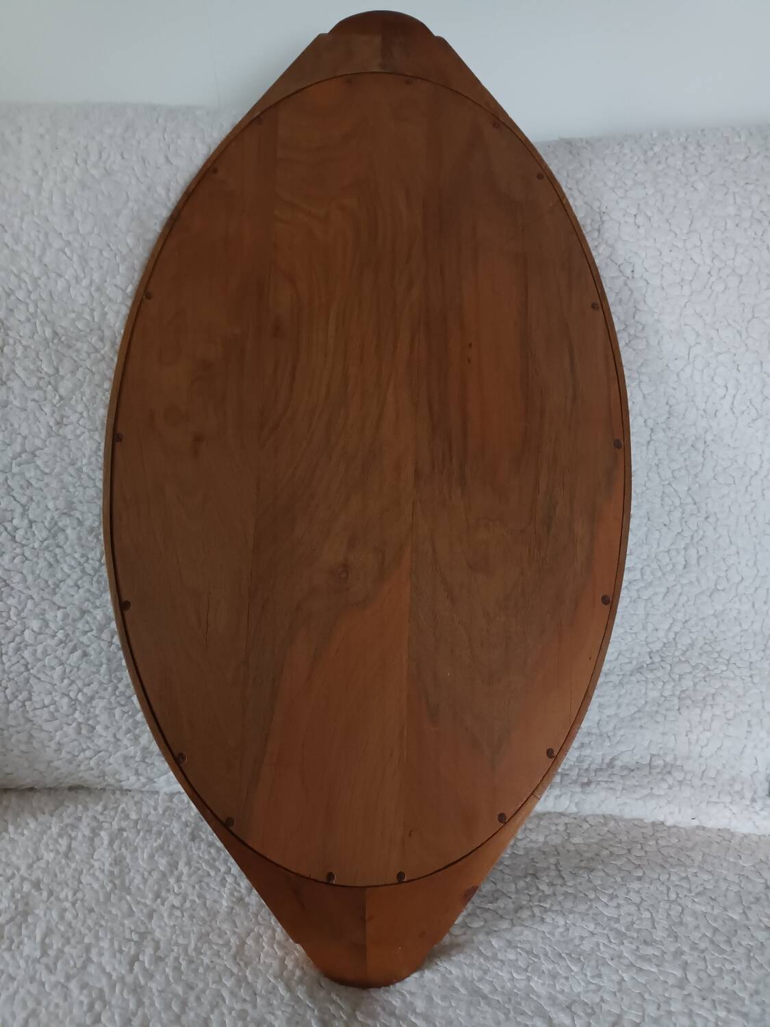 Oval wooden tray with glass and artisanal marquetry from the 70s.