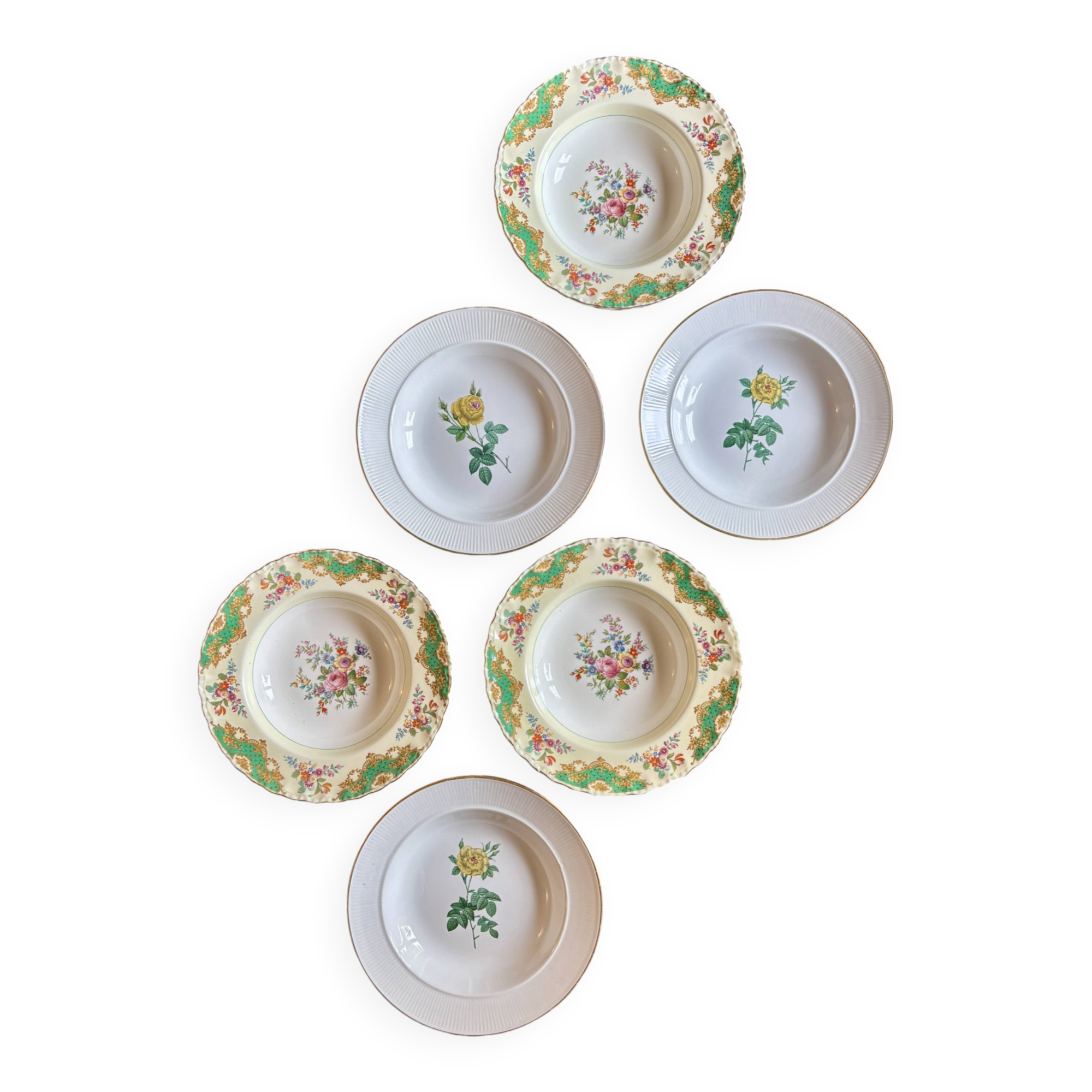 Set of 6 mismatched antique deep plates.