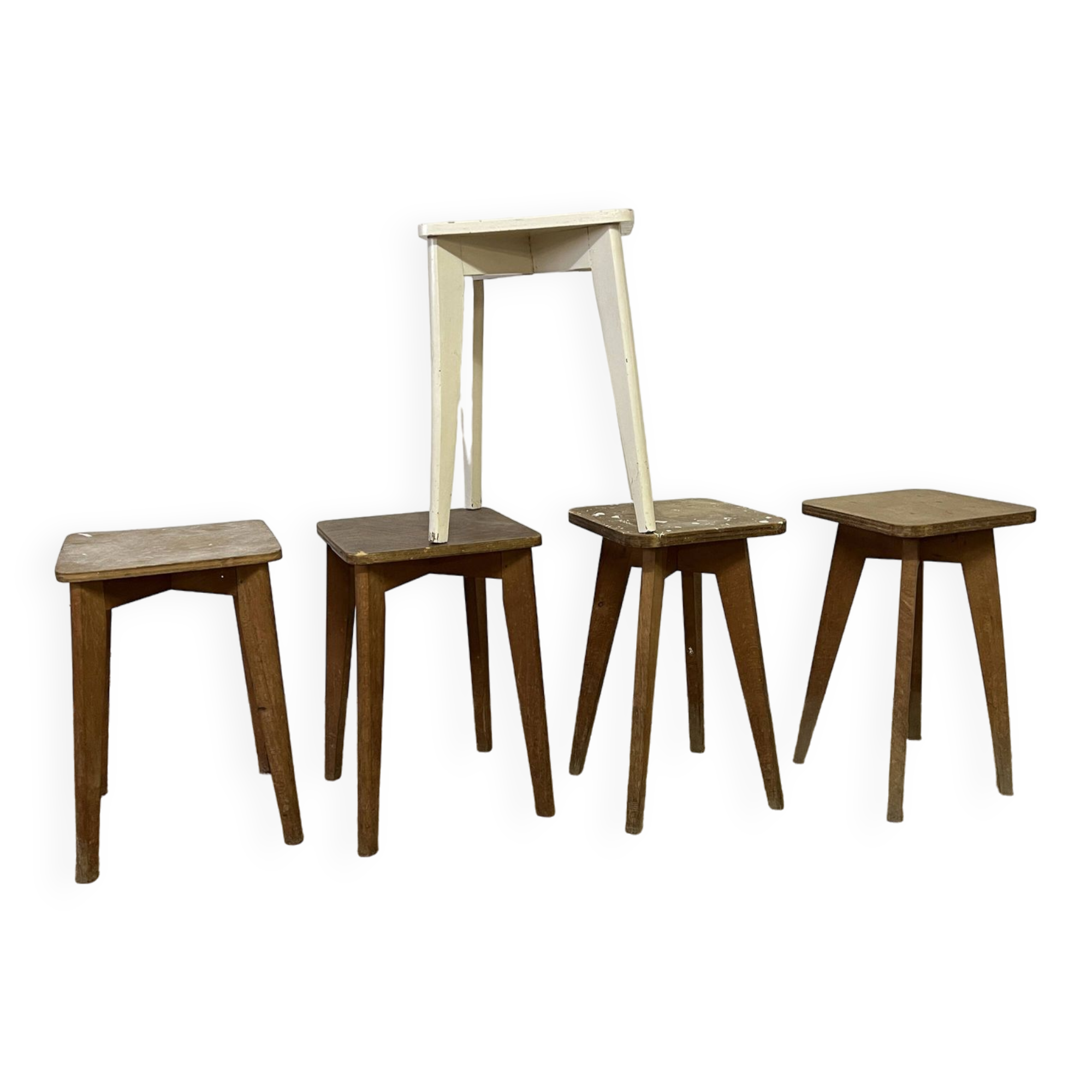 Series of 5 vintage wooden workshop stools