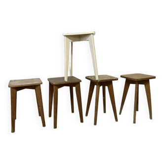 Series of 5 vintage wooden workshop stools