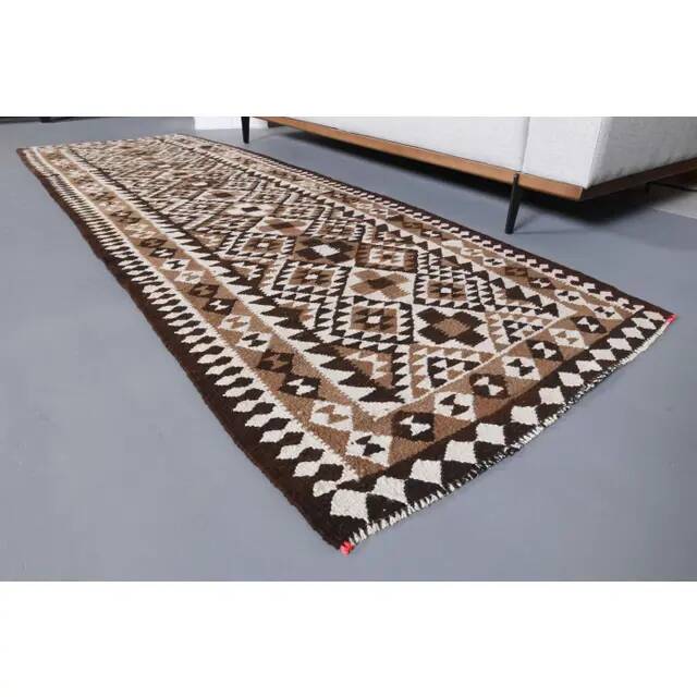 1970s Vintage Turkish Hand-Knotted Wool Cotton White Runner Rug 98x284