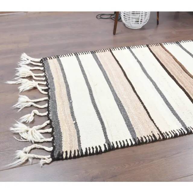 Vintage Turkish Oushak Handmade Cotton Beige Wool Kilim Runner Rug 81x347