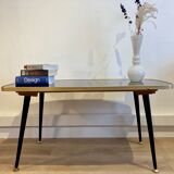 Black glass coffee table wooden legs 60s