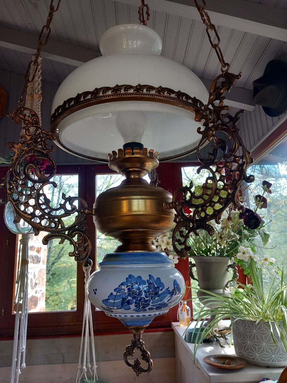 Old white opaline chandelier, brass and earthenware