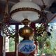 Old white opaline chandelier, brass and earthenware