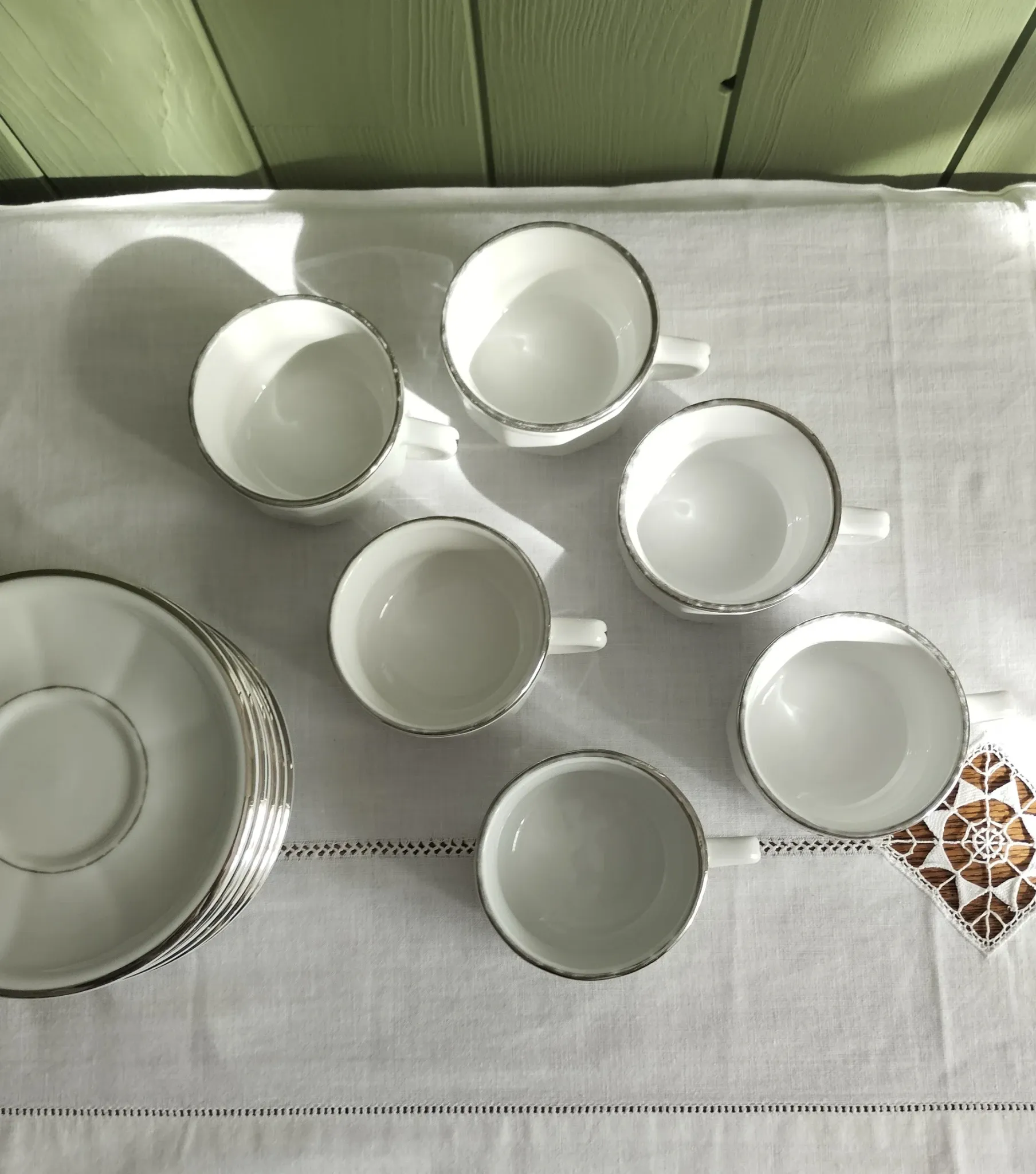6 white porcelain coffee cups with silver trim Apilco Deshoulières