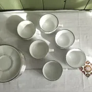 6 white porcelain coffee cups with silver trim Apilco Deshoulières