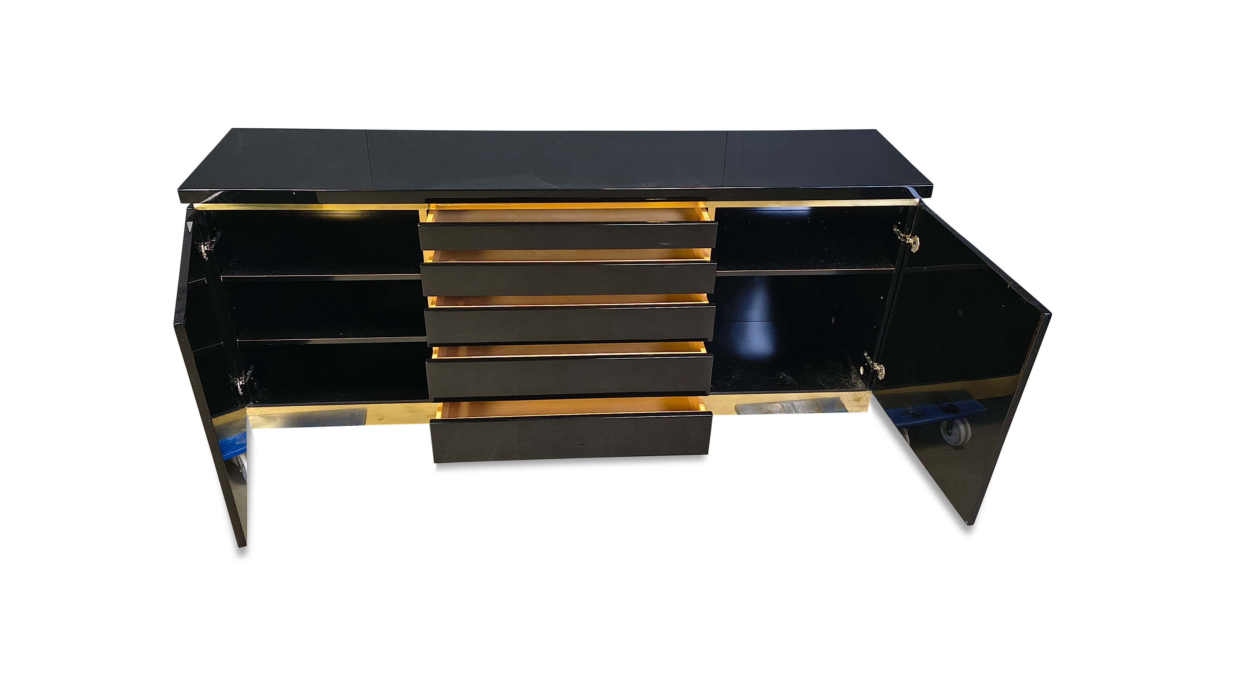 Brass and lacquer sideboard by Jean Claude Mahey, 1970s