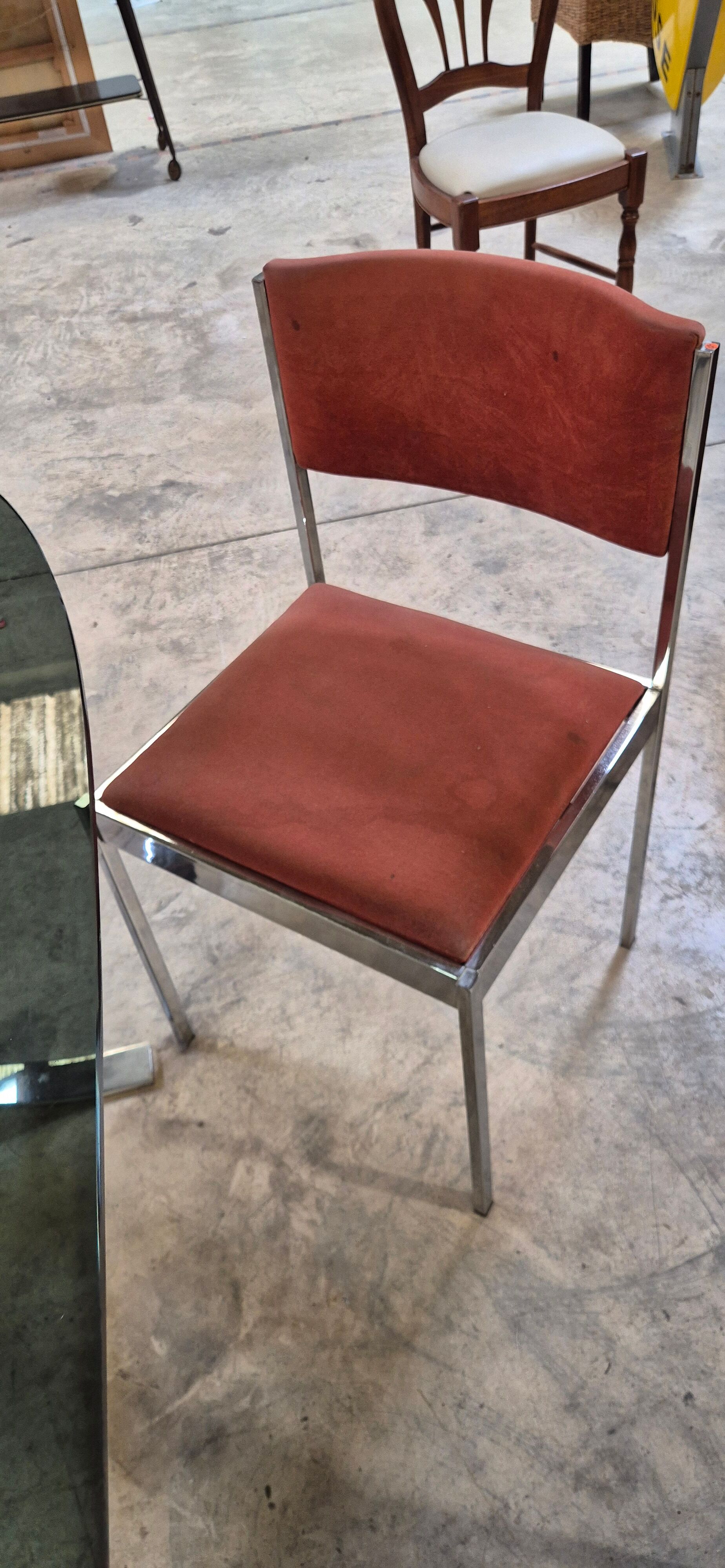 Dining room table + 4 stainless steel and smoked glass chairs 1970