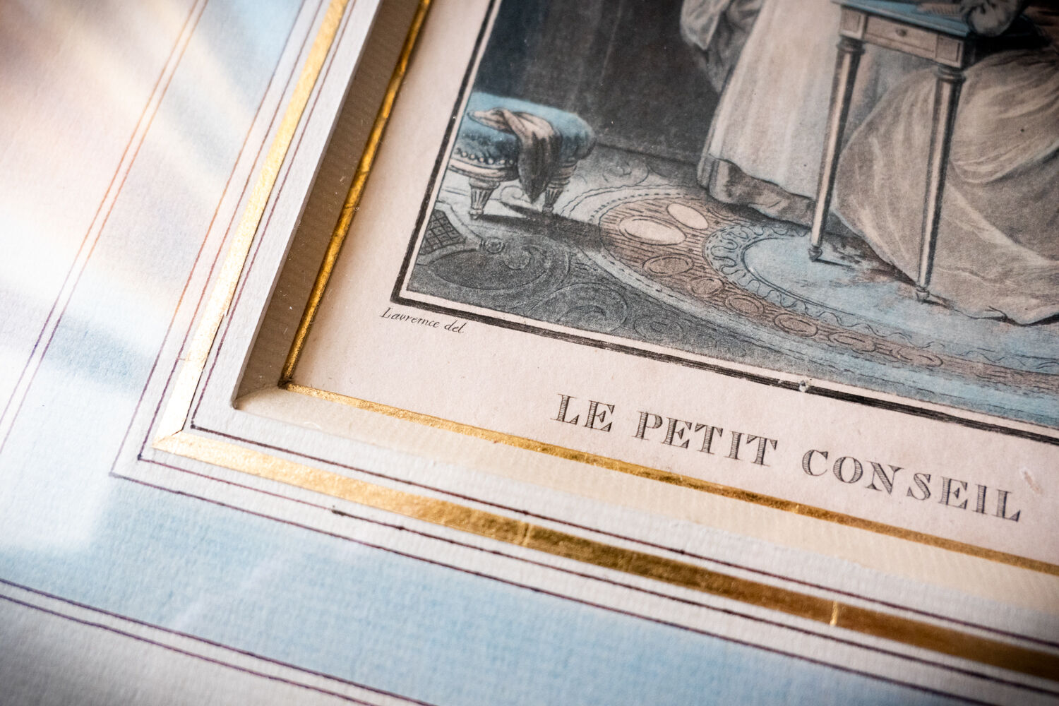 Gravure encadrée "Le petit conseil" par Janinet