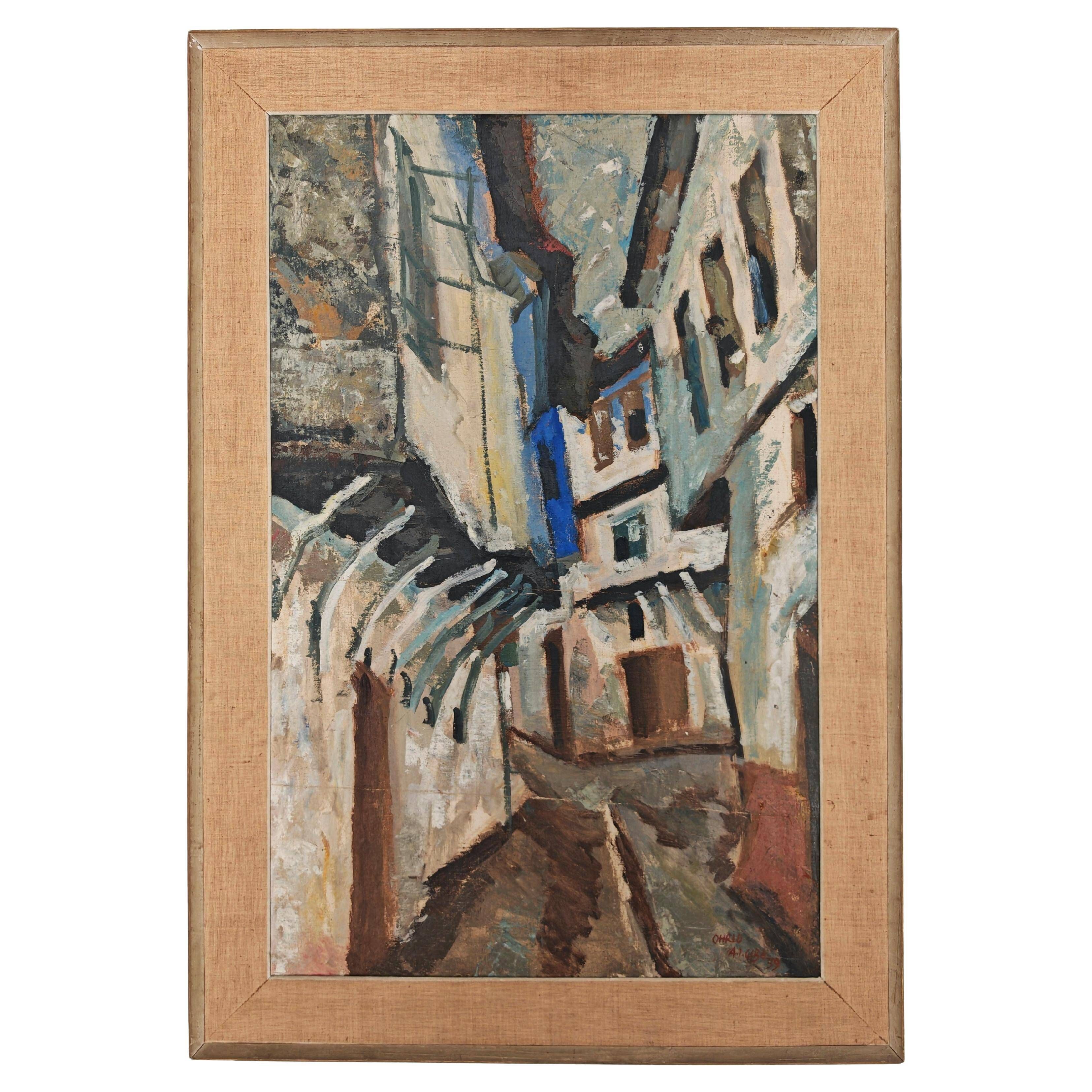 Modernist oil on canvas "Ohrid" by Aleksandar Jeremic Cibe, 1959