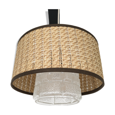 Suspension vintage globe verre et abat jour raphia