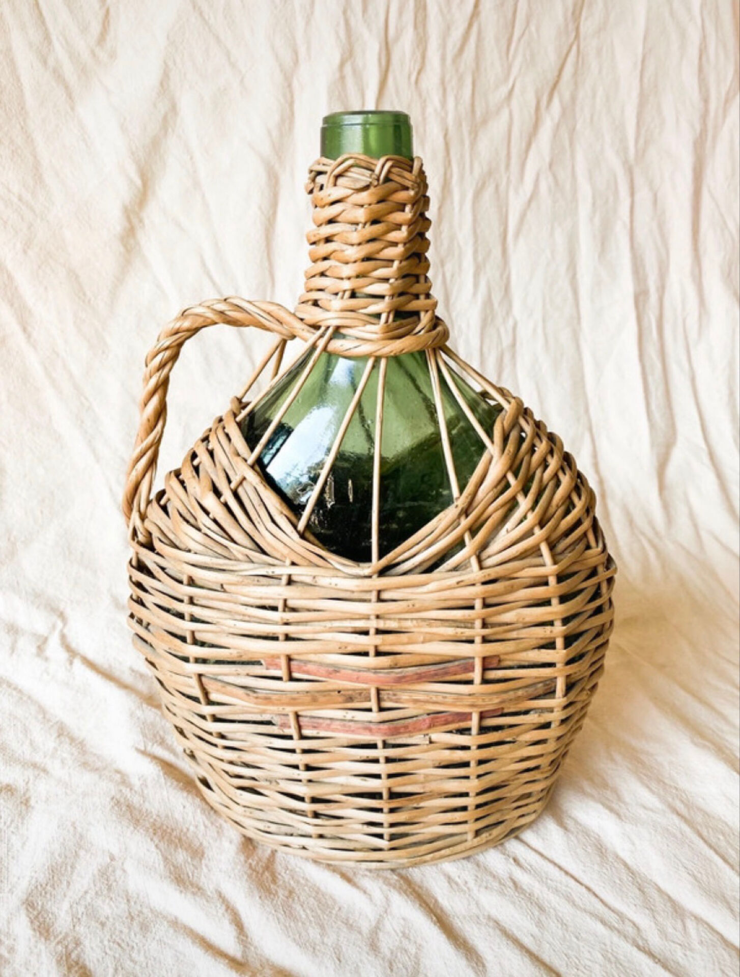 Old Green Glass Demijohn Plate with Woven Rattan
