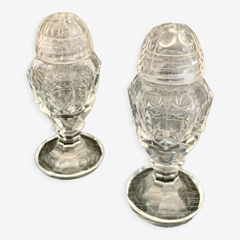 Duo of crystal salt shakers and pepper shakers