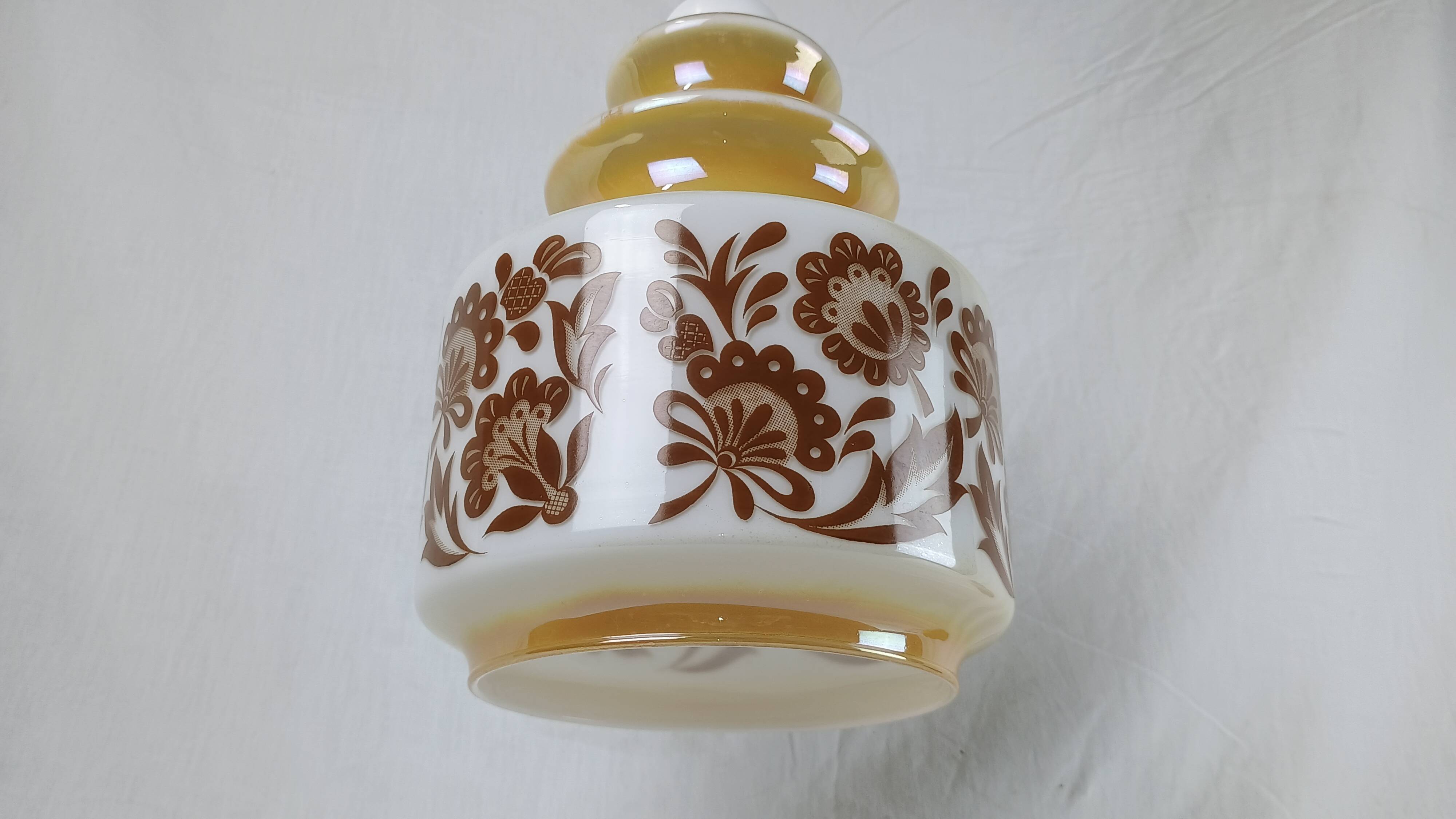 Venini Vintage Murano Glass Pendant Light, White and Brown Floral Design, 1950s