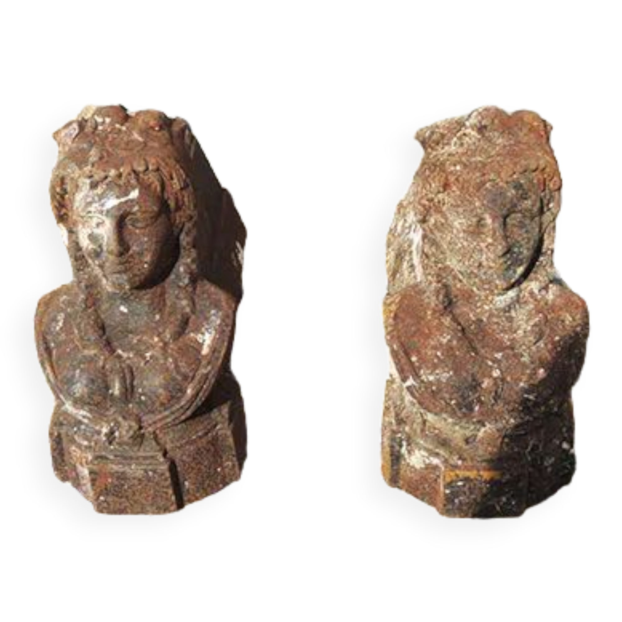 Old cast iron chenets bust of woman with braids