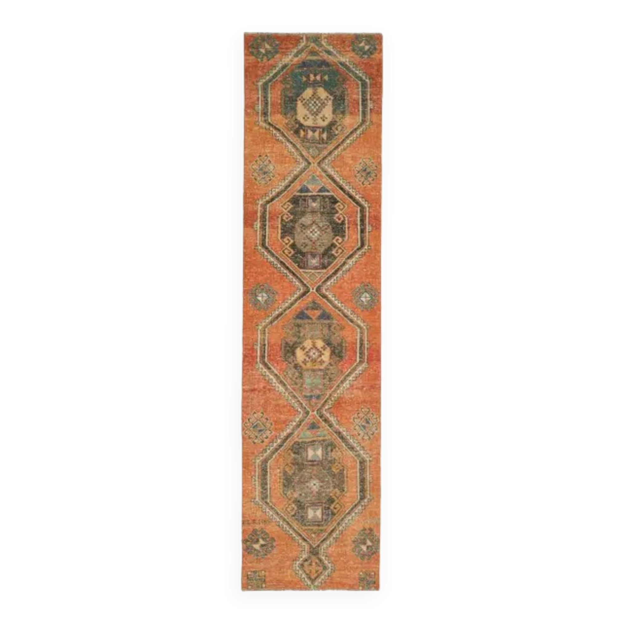 1970s vintage Turkish Oushak handmade wool cotton orange runner rug 80x320