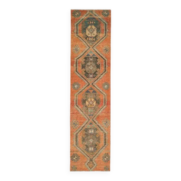 1970s vintage Turkish Oushak handmade wool cotton orange runner rug 80x320